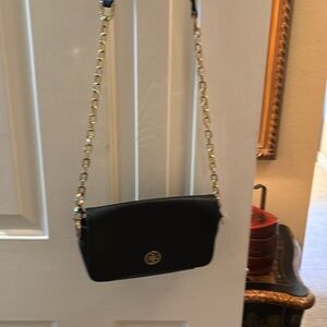 Tory Burch Black Leather Crossbody. 8x6. Chain strap drop 20 inches.